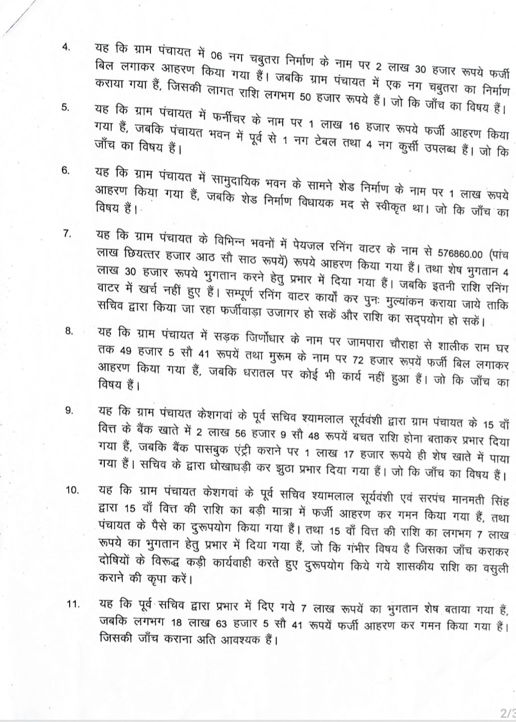 ग्राम पंचायत केशगवां से संबंधित शिकायत पत्र