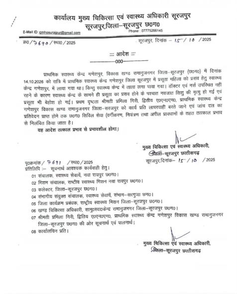 गणेशपुर PHC में नवजात की मौत के मामले से संबंधित स्वास्थ्य विभाग का आधिकारिक पत्र